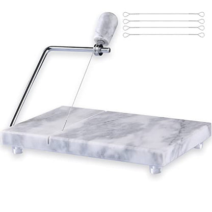 Cheese Slicer, Cheese Cutter Heavy Duty 5" x 8", Polished Marble Cheese Slicer Board for Cut Block Cheeses, Butter, Meats, Other Appetizers (White Grey)