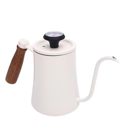 Pour Over Kettle with Thermometer, 304 Stainless Steel Drip Kettle 600ML, Long Spout Precise Control Wood Handle, for Home Coffee Tea Brewing Barista Use (White) - color: White