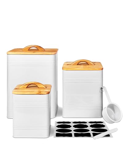 vensovo Kitchen Canister Set of 3 - Large 7 Qt Flour and Sugar Containers Airtight - White Metal Food Storage Jars with Bamboo Lids, Iron Spoon & Erasable Magnetic Labels, Farmhouse Decor for Pantry