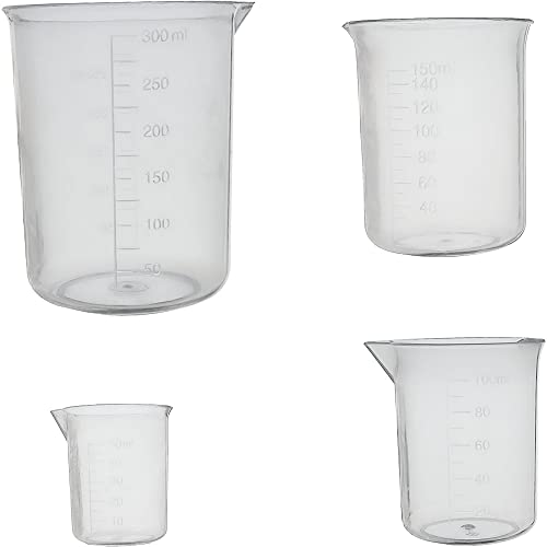 8 pcs Plastic Graduated Beakers Transparent Lab Measuring Cup 50ml / 100ml /150ml /250ml Capacity 4Sizes Clear Plastic Liquid Cup Container for or Laboratory, Science Experiments