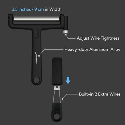 KITCHENDAO Replaceable Wire Cheese Slicer,50% Stronger Wires with 2nd Gen Wire Fixing Mechanism, Tightness Adjustable Aluminum Cheese Cutter, Easy Replacement, 2 Extra Wires - color: Black