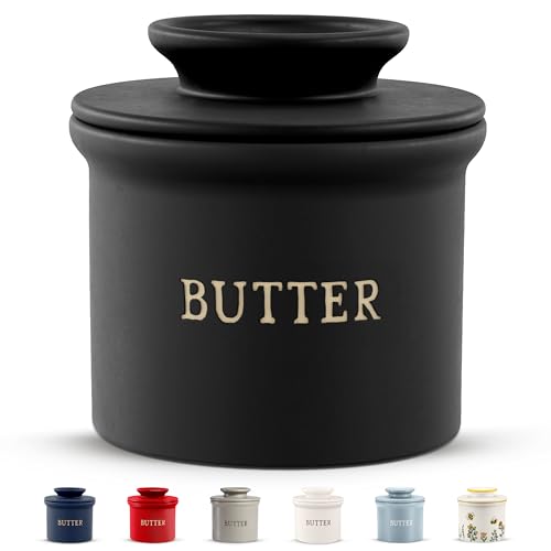 Kook Butter Crock with Lid, Soft Spreadable Butter, Ceramic French Butter Keeper to Leave On Counter with Water Line, Butter Dish, Home and Kitchen Decor, Perfect for Christmas Gift (Black) - color: Black