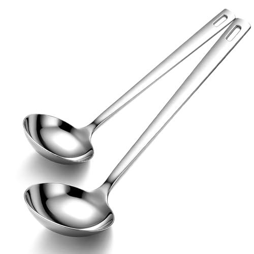Kyraton 2 Piece Soup Ladle Set, 11.8" Large & 9.6" Small Stainless Steel Ladles, One-Piece Ergonomic Cooking Spoons, Dishwasher Safe Heavy Duty Serving Utensils for Home Kitchen Soup Sauce Noodle