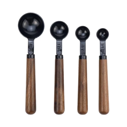 Set of 4 Measuring Spoons Black Measuring Scoops with Wooden Handle Stainless Steel Measuring Spoons Set for Kitchen Flour Spice Seasoning Measurement (15ml+5ml+2.5ml+1.25ml) - size: 1/16+1/48+1/96+1/192 Cup