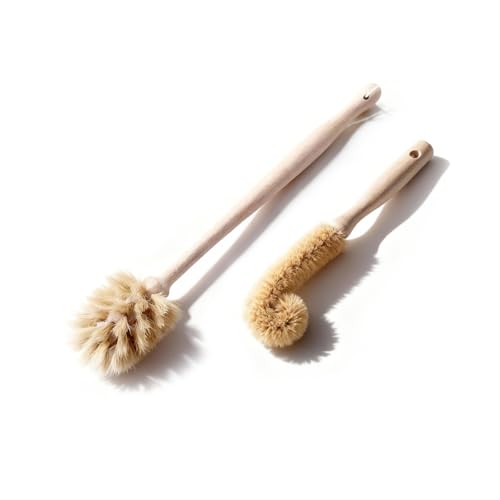 2-Piece Wooden Bottle Brush Set - Includes Tapered Cup Brush & L-Shape Coconut Scrubber - Beech Wood Cleaning Kit for Water Bottles, Glassware & Vases - size: 2 Piece Set - Tapered + L-Shape
