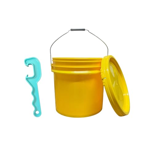 4 Gallon Yellow Bucket Pail Container with Lid – Food Grade, BPA Free – Heavy-Duty – Metal Handles with Plastic Grip – Multi-Purpose Storage – Easy to Stack & Store – 1 Pack + Opener Tool - size: 4 Gallon