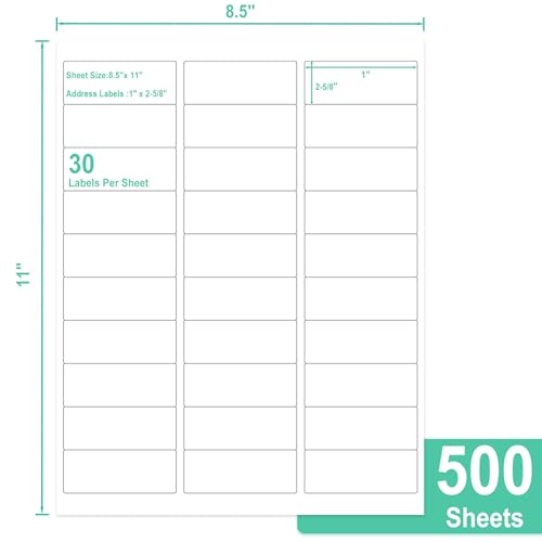 L LIKED Printable Address Labels, 1" x 2-5/8", 15000 Labels, 30 per Sheet, Blank Mailing Labels for Envelopes (500 Sheets) - size: 500 Sheets