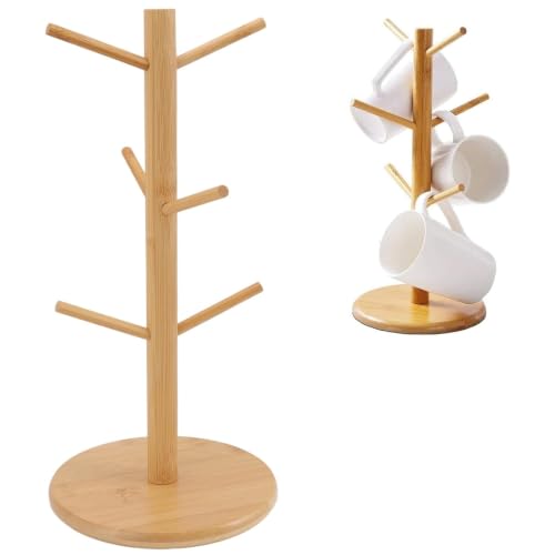 Wood Mug Holder Tree, Detachable Coffee Mug Tree with 6 Hooks, Space Saving Mug Stand, Stylish Coffee Cup Holder for Storage, Display, Drying Mugs, Cups