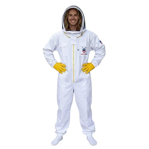Cotton Beekeeping Suit, Full Body Beekeepers Protective Gear with Fencing Veil Hood, Elastic Cuffs & Breathable Fabric, With Two Pairs of Gloves (2XL) - style: 2xl