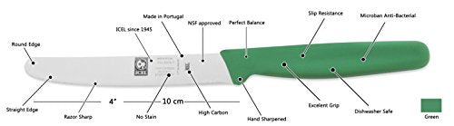 ICEL 4.25 Inch Straight Edge Round Tip Paring Knife, High Carbon German Stainless Steel Blade, Factory-Sharp Edge, Non-Slip Textured Green Polypropylene Handle - color: Green