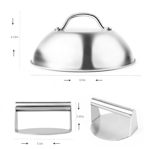 Smash Burger Press & Melting Dome Kit – 5.5" Grill Press + 8.9" Basting Cover | Heavy-Duty Stainless Steel Griddle Accessories for Flat Top Grill & Stovetop Cooking
