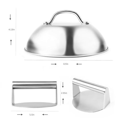 Smash Burger Press & Melting Dome Kit – 5.5" Grill Press + 8.9" Basting Cover | Heavy-Duty Stainless Steel Griddle Accessories for Flat Top Grill & Stovetop Cooking