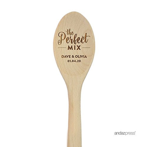 Andaz Press Personalized Laser Engraved Wooden Mixing Spoon, 12-inch, The Perfect Mix Dave & Olivia 01.04.20, 1-Pack, Custom Names and Date - color: Custom Wedding The Perfect Mix