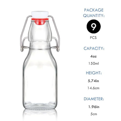 YEBODA 4oz Swing Top Glass Bottles,Small Flip Top Glass bottles with airtight Caps for Home Brewing,Kombucha,2nd Fermentation,Kefir,Beverages,Soda,Oils,Vinegar,Limoncello,Vanilla extract 9 Pack