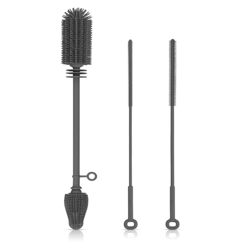 Silicone Bottle Brush and Straw Cleaner Set,Water Bottle Brush Double-Headed,Straw Brush Silicone,Bottle Cleaner Brush for Thermoses and Sports/Water Bottles/Dish/Cup (Black-Grey)