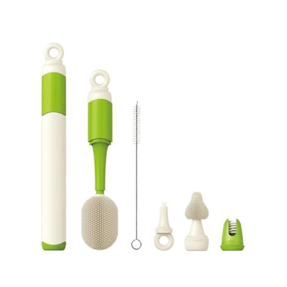 Baby Bottle Brush Set for Baby Bottles, 5 Cleaning Tools with Silicone Bottle and Nipple Brush Heads, Straw Brush, Detail Brush, Cup Rim Cleaner, Integrated Travel Storage, (Green)