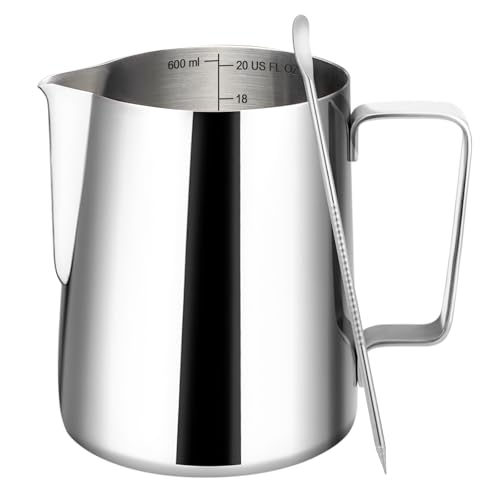 Amrules Milk Frothing Pitcher, 20oz Milk Frother Cup with Clear Scale, 304 Stainless Steel Cappuccino Espresso Machine Accessories for Barista Coffee Bar with Latte Art Pen, Silver - color: Silver, size: 20 Ounces