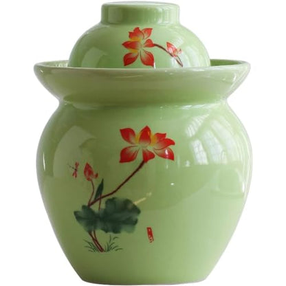 Lotus Pattern Fresh Kimchi Jar, Double Lid Design Fermentation Crock, Traditional Water-Sealed Pickling Tank, High Temperature Ceramic Material(7kg/246.9oz) - size: 7kg/246.9oz