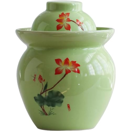 Lotus Pattern Fresh Kimchi Jar, Double Lid Design Fermentation Crock, Traditional Water-Sealed Pickling Tank, High Temperature Ceramic Material(1.5kg/52.9oz) - size: 1.5kg/52.9oz