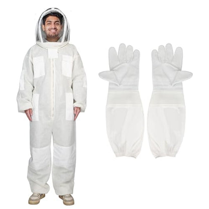 Bee Three Layer Beekeeping Ventilated Suit,Ultra Ventilated Breathable Cotton,Full Beekeeping Suit Equipped with Sheepskin Gloves,Comfortable with Maximum Protection,Beekeepers's Choice(L)