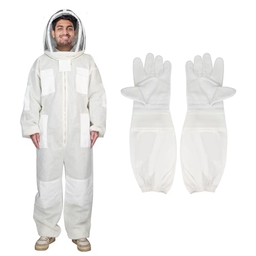 Bee Three Layer Beekeeping Ventilated Suit,Ultra Ventilated Breathable Cotton,Full Beekeeping Suit Equipped with Sheepskin Gloves,Comfortable with Maximum Protection,Beekeepers's Choice(L)