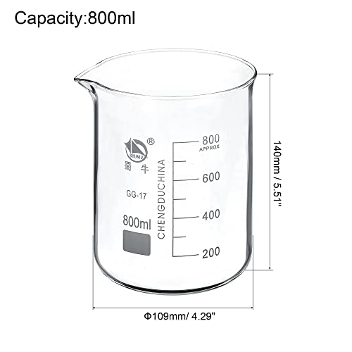 PATIKIL 800ml Low Form Glass Beaker, 3.3 Borosilicate Glass Graduated Printed Scale Measuring Cups with Spout for Kitchen Lab Liquids Transit Boiling - size: 800ml