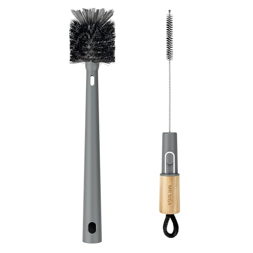MR.SIGA Water Bottle Brush and Straw Cleaner Brush, Long Handle Bottle Cleaner Brush, 2 in 1 Bottle Cleaning Brush for Sports Bottles, Baby Bottles, Mugs, Straws - color: Gray