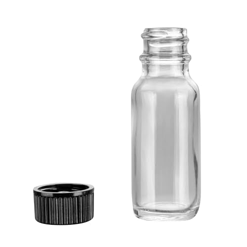 Restaurantware Vetri 0.5 Ounce Boston Glass Bottles, 48 Sample Bottles With Black Phenolic Caps - Dishwashable, Round, Clear Glass Bottle, For Potion, Juice, Ginger Shots, Whiskey, Liquids - color: Clear, size: 0.5 oz