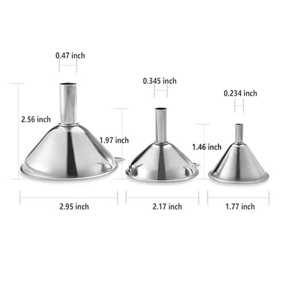 Stainless Steel Funnels, Large Small Funnel Set of 3, Food Grade Mini Metal Kitchen Funnel for Transferring Essential Oils, Liquid, Fluid, Small Funnels for Filling Bottles Flask Cooking