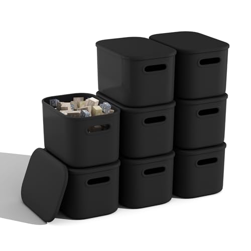 8 Pack Black Storage Bins with Lids for Shelves, Plastic Storage Containers with Lids for Organizing, Stackable Storage Boxes with Handle, Black Storage Bins for Classroom, Craft, Snacks - color: Black, size: 8 Pack