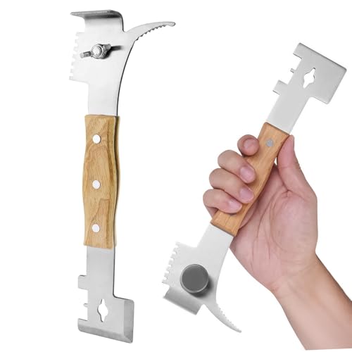 Multipurpose Steel Hive Tool with Wooden Handle, Beekeeping Tool | 7-in-1 Beekeeping Tool for Hive Scraping, Prying & Frame Cleaning
