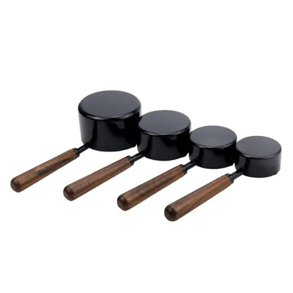 Set of 4 Measuring Cups and Spoons Black Measuring Cups with Wooden Handle Stainless Steel Measuring Spoons and Scoops Set for Kitchen Flour Spice Seasoning Measurement (1+1/2+1/3+1/4 Cup) - size: 1+1/2+1/3+1/4 Cup