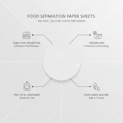 Food Separation Paper Sheets, Silicone Coated Parchment for Freezer Storage, Non-Stick Liner for Burgers Cheese and Baked Goods, Pre-Cut White Sheets, 500 Count (500-Pack) - size: 7.87 x 3.94 x 2.36 in