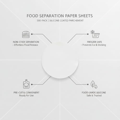 500-Count Pre-Cut Silicone Coated Parchment Sheets, Non-Stick Food Separation Paper for Freezer Storage, Burgers, Cheese, and Baked Goods, White - size: 7.87 x 3.94 x 2.36 in