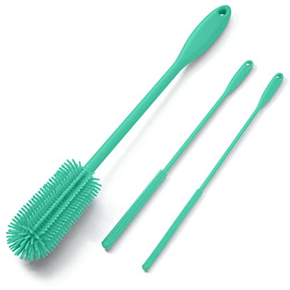 3-in-1 Silicone Bottle Brush and Straw Cleaning Brush Set, Water Bottle Cleaner for Narrow Neck Containers, Tumblers, Flask, Vase and Glassware (Teal) - color: Teal