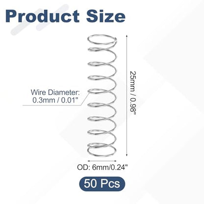 uxcell 50Pcs 304 Stainless Steel Compression Springs, 0.3mm x 6mm x 25mm Small & Tiny Pen Spring for Home Repair & DIY, Workshop & Industrial Use, (Silver Tone) - size: 6mmx25mm