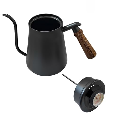 Gooseneck Tea Kettle Stovetop, 850ml Pour Over Coffee Tea Kettle with Thermometer, 304 Stainless Steel Teapot, Ergonomic Wood Handle, Matte Black Coating, Induction & Stove Top Brewing