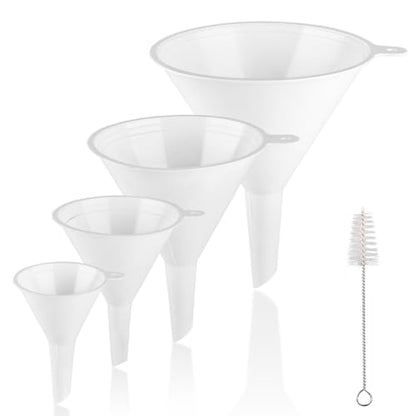 4 PCS Plastic Kitchen Funnel Set with Clean Brush, Food Grade Funnel for Kitchen Use Filling Bottles, Liquid, Protein Powder, Multifunctional Funnels for Cooking, Lab and Automotive Use
