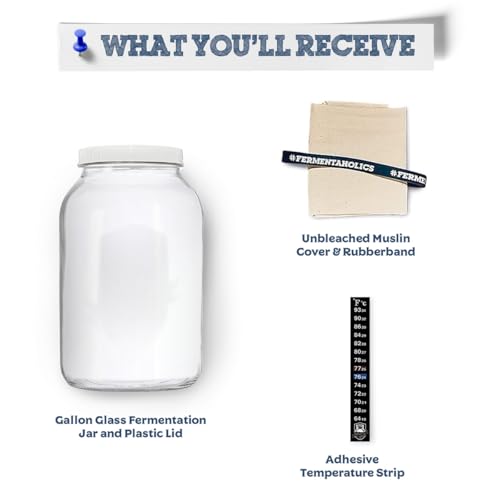Fermentaholics One Gallon Glass Kombucha Jar with Breathable Muslin Cloth Cover, and Rubber band | Perfect SCOBY Home For Anyone Looking To Brew Their Own Kombucha | American-Made Glass Jar (1)