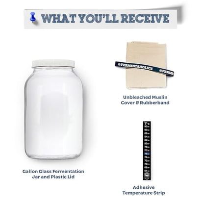 Fermentaholics One Gallon Glass Kombucha Jar with Breathable Muslin Cloth Cover, and Rubber band | Perfect SCOBY Home For Anyone Looking To Brew Their Own Kombucha | American-Made Glass Jar (1)