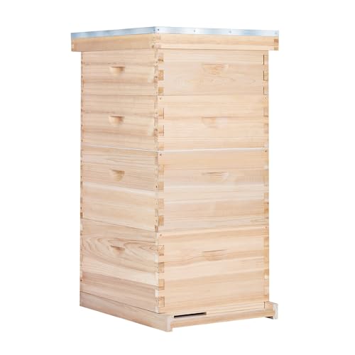 POLLIBEE 10-Frame Bee Hives and Complete Starter Kit, Bee Hives Boxes Includes 2 Deep Bee Box 2 Medium Bee Hive Box with Beehive Frames and Beeswax Coated Foundation Sheets(4 Layers) - size: 2 Super+2 Deep