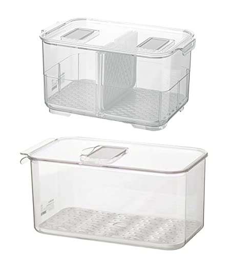 SANNO Fridge Produce Saver Stackable Refrigerator Organizer Keeper with Lids and Removable Drain Tray for Veggie, Berry, Fruits and Vegetables,Pack of 2 - size: 12.4” x 6.4”x 5.7"+9.2"x5.8"x4.8"