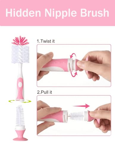 5 in 1 Baby Bottle Brush Set, Bottle Cleaner, 2Pcs Bottle Brush with Stand, 2 Hidden Nipple Brush, 2 Straw Brush, 1 Lid Brush, Nylon Bottles Brush Cleaner for Baby Bottle, BPA-Free(Pink) - color: Pink-nylon & Nylon Brush