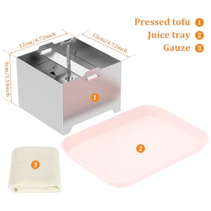 Stainless Steel Tofu Press with Presser Towel & Drip Tray – DIY Tofu Maker for Homemade Firm Tofu, Paneer & Cheese – Effortless Water Removal for Enhanced Texture & Flavor - size: 4.72 x 4.72 Inches