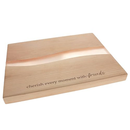 Pavilion Gift Company - Cherish Every Moment With Friends - 9" x 7" Serving Cheese Bread Wooden & Resin Board With Brushed Silver Spreader Knife Set Housewarming Hostess Host Charcuterie Friendship