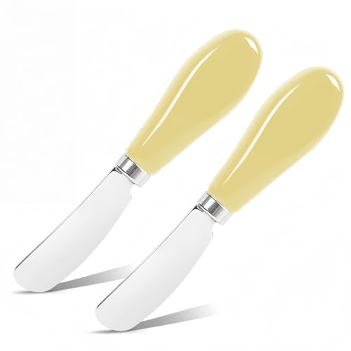 Butter Spreader Knife Set, 2-Pack Stainless Steel Cheese and Butter Knives with Ceramic Handle, Dishwasher Safe, for Soft & Hard Cheese, Jam, Cold Butter (light yellow) - color: light yellow