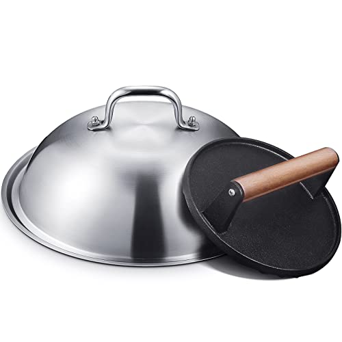HOMENOTE Griddle Accessories for Blackstone, Commercial Grade 12 Inch Heavy Duty Melting Dome with Round Cast Iron Smash Burger Press Perfect for Flat Top Hibachi Grill Outdoor Indoor - color: Dome+Round Press（ Cast Iron）