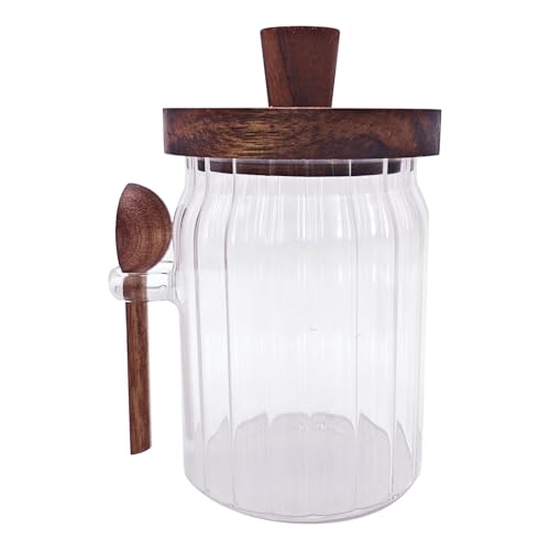 Coriario 20 OZ Glass Jar with Airtight Lid Spoon Ribbed Glass Candy Jars Wooden Handle Lids Wide Mouth Glass Coffee Storage Canister for Food Kitchen Sugar Cookie Tea Decorative - color: Ribbed clear-20oz