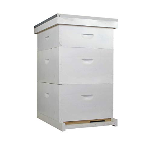Complete 10-Frame Beekeeping Starter Kit – Painted Langstroth Hive with 5 Wax-Coated Frames, Jacket, Veil, Gloves, Smoker & Hive Tool – Nuc-Ready Wooden Hive Box (White, 2 Deep - 1 Medium) - size: 2 Deep - 1 Medium