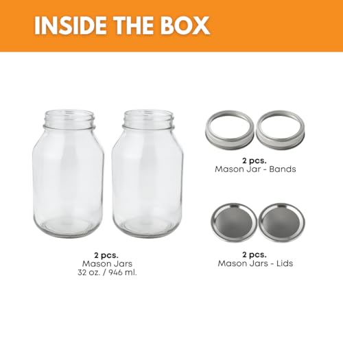 FastRack 32 oz Regular Mouth Mason Jars with Lids – Pack of 2 Quart Canning Jars for Food Storage, Pickling, Fermentation, Crafts – Reusable Airtight Large Glass Mason Jar - size: 32oz - 2 Pack